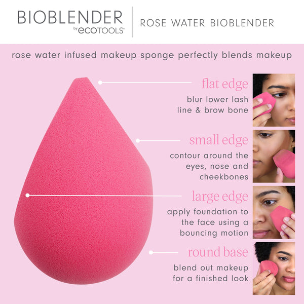 Pink teardrop makeup sponge showing flat edge and pointed tip for blending