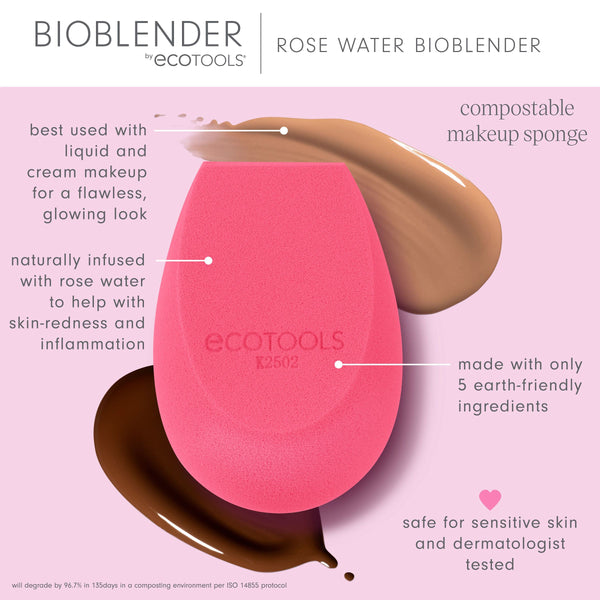 Pink teardrop rose water makeup sponge in a hand-held use view