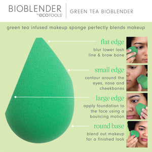 Green teardrop makeup sponge with labeled blending edges and round base.