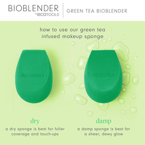 Two green makeup sponges shown as dry and damp, for blending makeup.