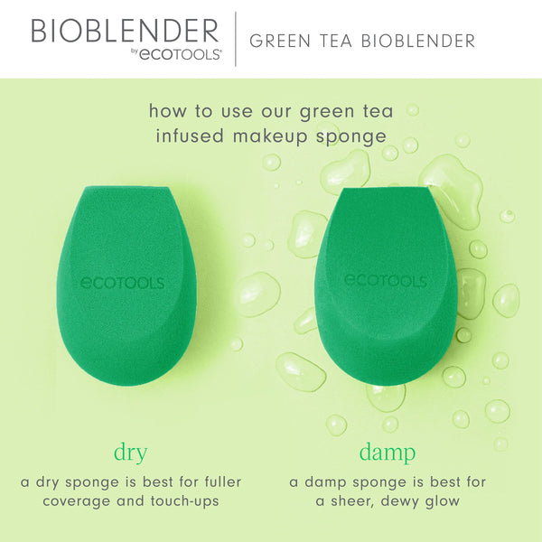 Two green makeup sponges shown as dry and damp, for blending makeup.