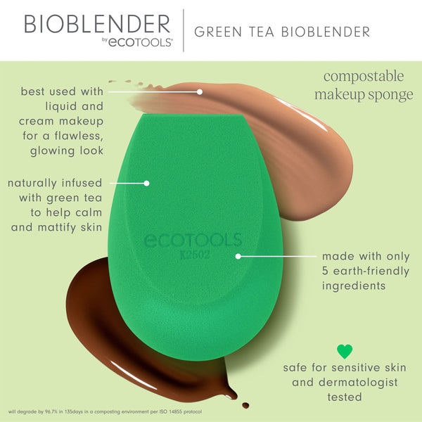 Green tea infused makeup sponge with callouts for compostable and sensitive-skin use.