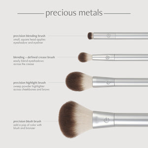 Four silver makeup brushes with brown bristles for blending, highlighting, and blush