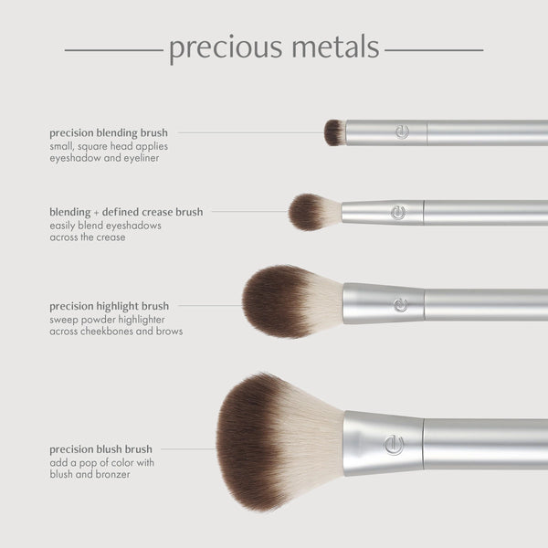 Four silver makeup brushes with brown bristles for blending, highlighting, and blush