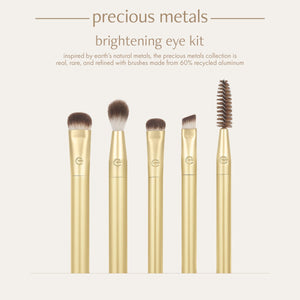 ecotools precious metals brightening eye kit with five gold brushes and dark brown bristles.
