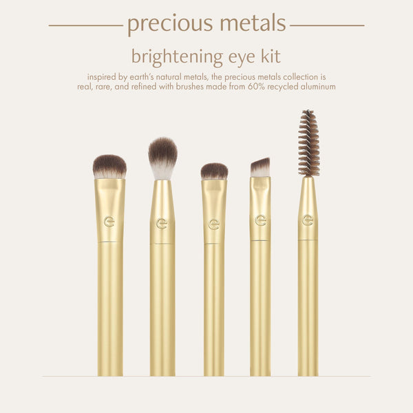 ecotools precious metals brightening eye kit with five gold brushes and dark brown bristles.