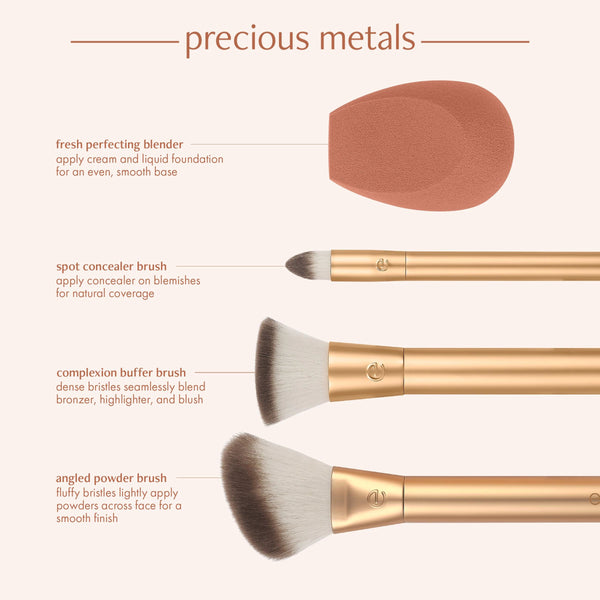Brush set guide showing four brush shapes and a teardrop blending sponge.
