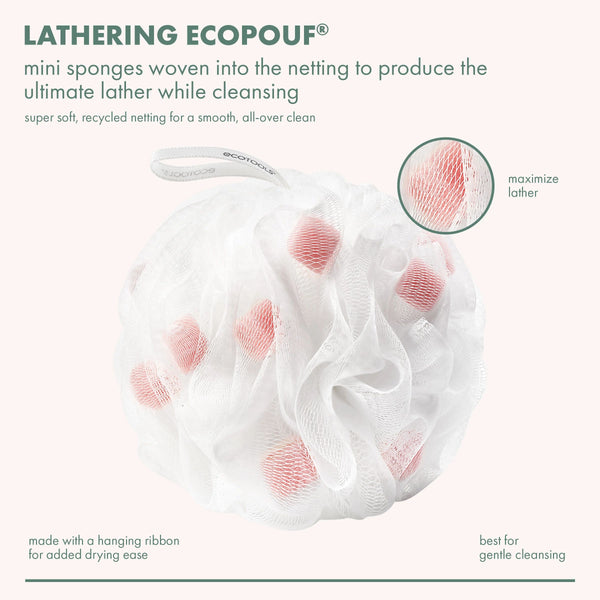 White mini bath sponge pouf net with pink-red dot texture and ribbon