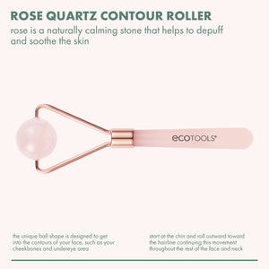 Rose quartz contour roller with rose-gold frame and pink handle, rounded stone head