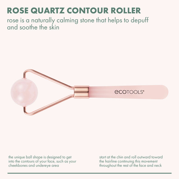 Rose quartz contour roller with rose-gold frame and pink handle, rounded stone head