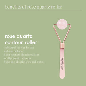 Rose quartz contour roller on rose-pink handle with oval stone head and rose-gold frame