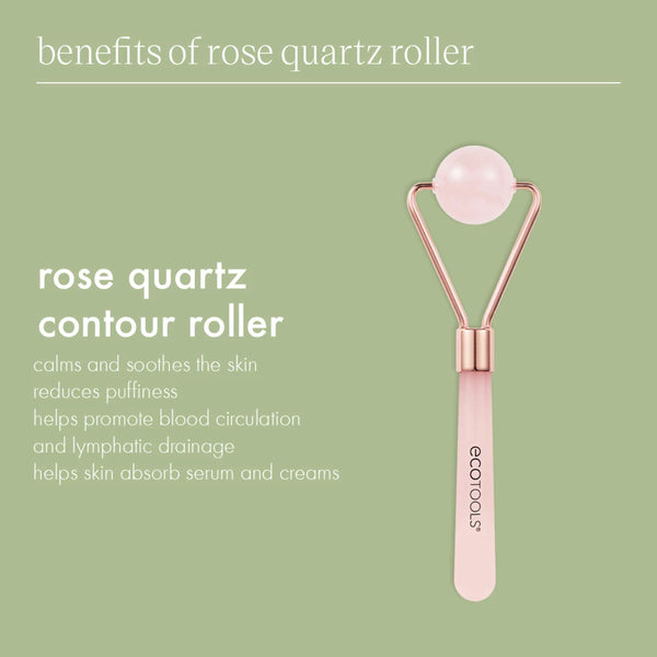 Rose quartz contour roller on rose-pink handle with oval stone head and rose-gold frame