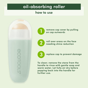 Oil-absorbing facial roller, mint body with white cap over a stone head