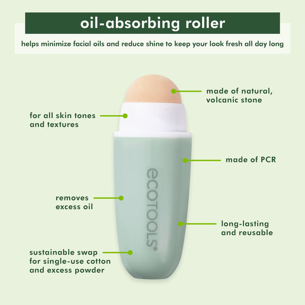 Oil-absorbing facial roller, mint-green container with white cap and stone top