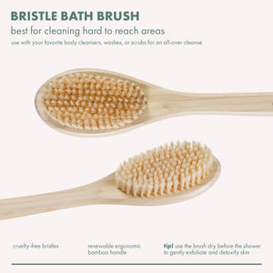 Bristle bath brush with oval head and bamboo handle, shown from two angles.
