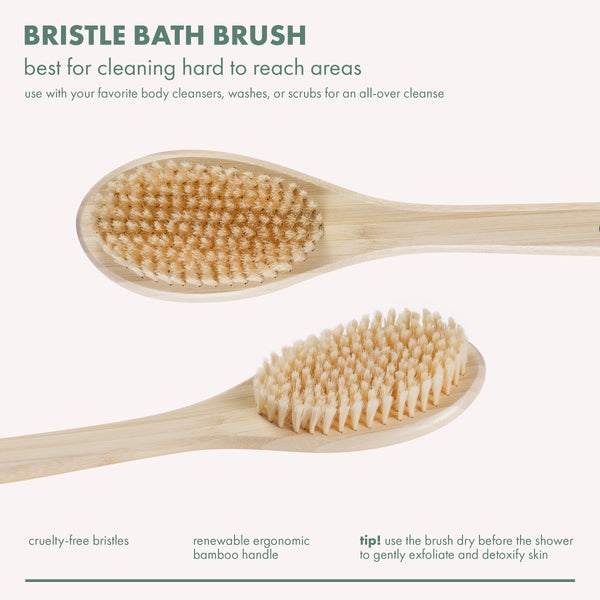 Bristle bath brush with oval head and bamboo handle, shown from two angles.