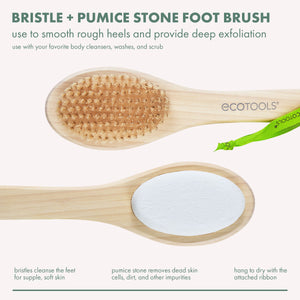 Wooden foot brush with tan exfoliating bristles and removable oval pumice stone