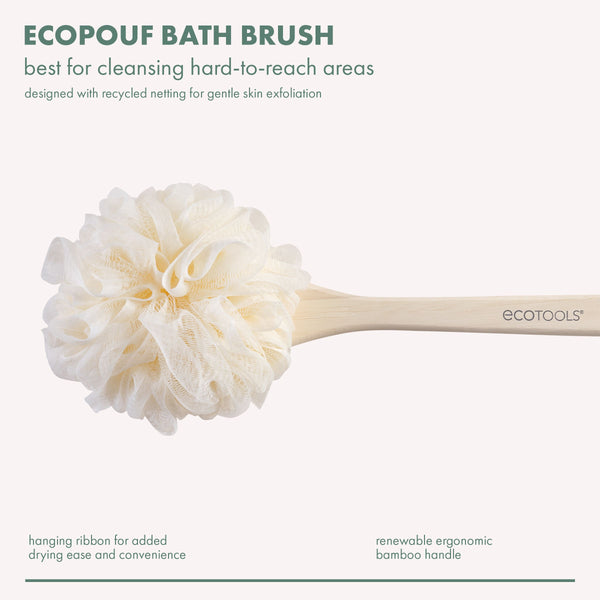 Ivory bath brush with ruffled loofah flower head and bamboo handle