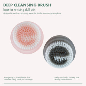 Set of two round facial brush heads: pink and gray with textured bristle surfaces