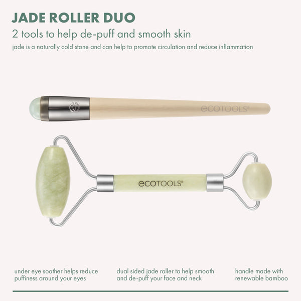 Jade facial roller duo with long wood handle and two curved jade rollers on silver frame