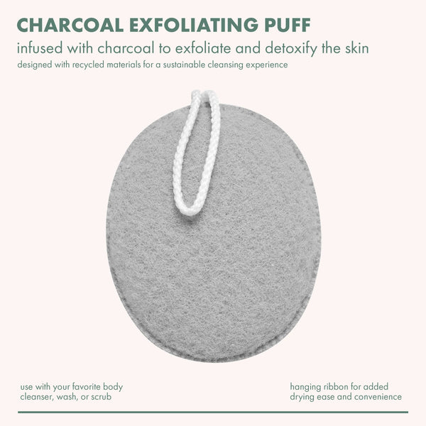 Grey oval exfoliating puff with white hanging cord and stitched border