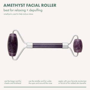 Amethyst facial roller with two purple stones and straight purple bar handle