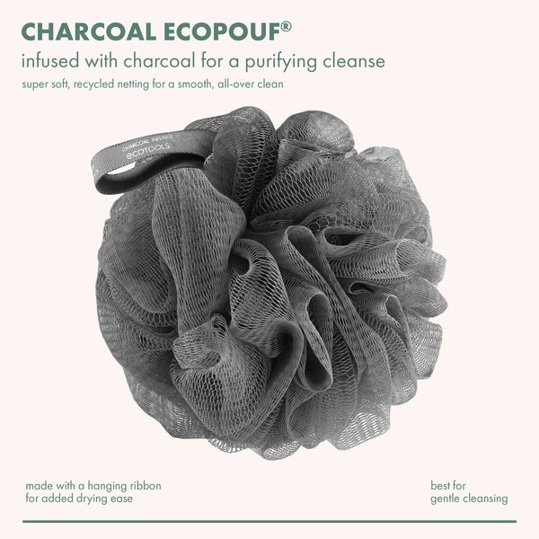 Charcoal EcoPouf bath sponge: dark gray mesh puff with hanging ribbon