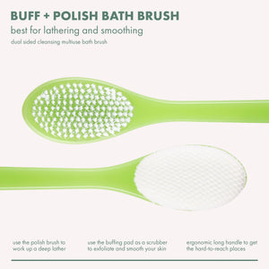 Green dual-sided bath brush with oval scrubbing pads on long handle