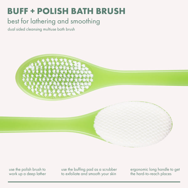 Green dual-sided bath brush with oval scrubbing pads on long handle
