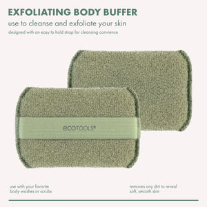Two olive exfoliating body buffers with light-green strap loop, shown stacked