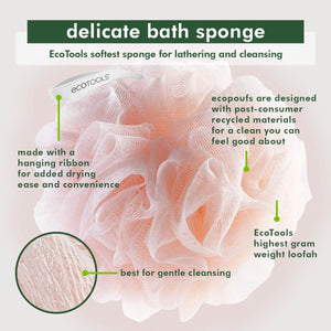 Pink EcoPouf bath sponge with design feature callouts