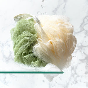 Two-color bath loofah pouf, green and cream mesh with loop handle