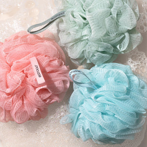 Set of mesh EcoPoufs: pink, mint, and light blue ruffled scrubber puffs