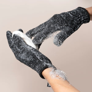 Charcoal-infused bath & shower gloves, dark speckled knit pair with open hand shape