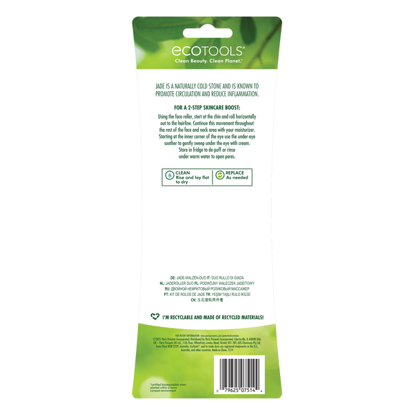 Jade roller duo retail package back with green information panel and recycling symbols