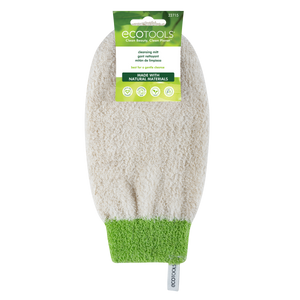 Bath shower mitt with ECOTOOLS cleaning tag and green cuff