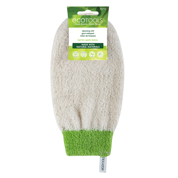 Bath shower mitt with ECOTOOLS cleaning tag and green cuff