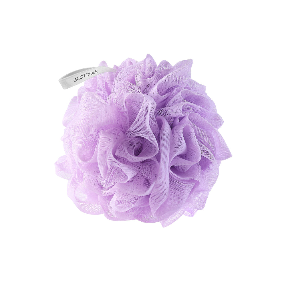 Purple recycled EcoPouf with fluffy mesh texture and white hanging loop