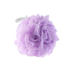 Purple recycled EcoPouf with fluffy mesh texture and white hanging loop