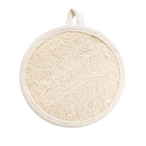 Beige dual-sided cleansing pad with hanging loop, exfoliating mesh surface