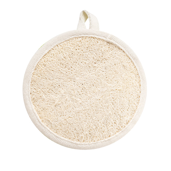 Beige dual-sided cleansing pad with hanging loop, exfoliating mesh surface