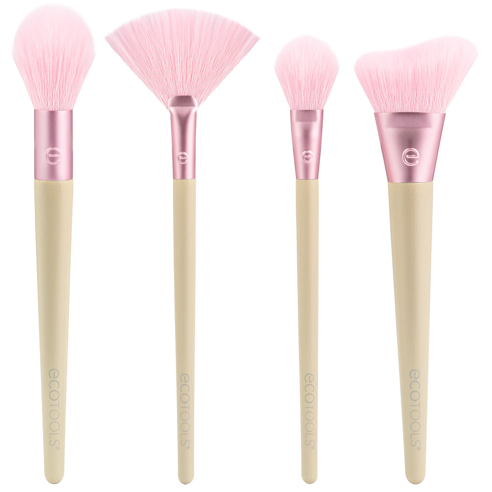 Makeup brush set with pink bristles and beige handles, pink ferrules, four-piece kit.