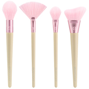 Makeup brush set with pink bristles and beige handles, pink ferrules, four-piece kit.
