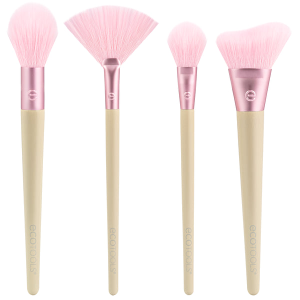 Makeup brush set with pink bristles and beige handles, pink ferrules, four-piece kit.