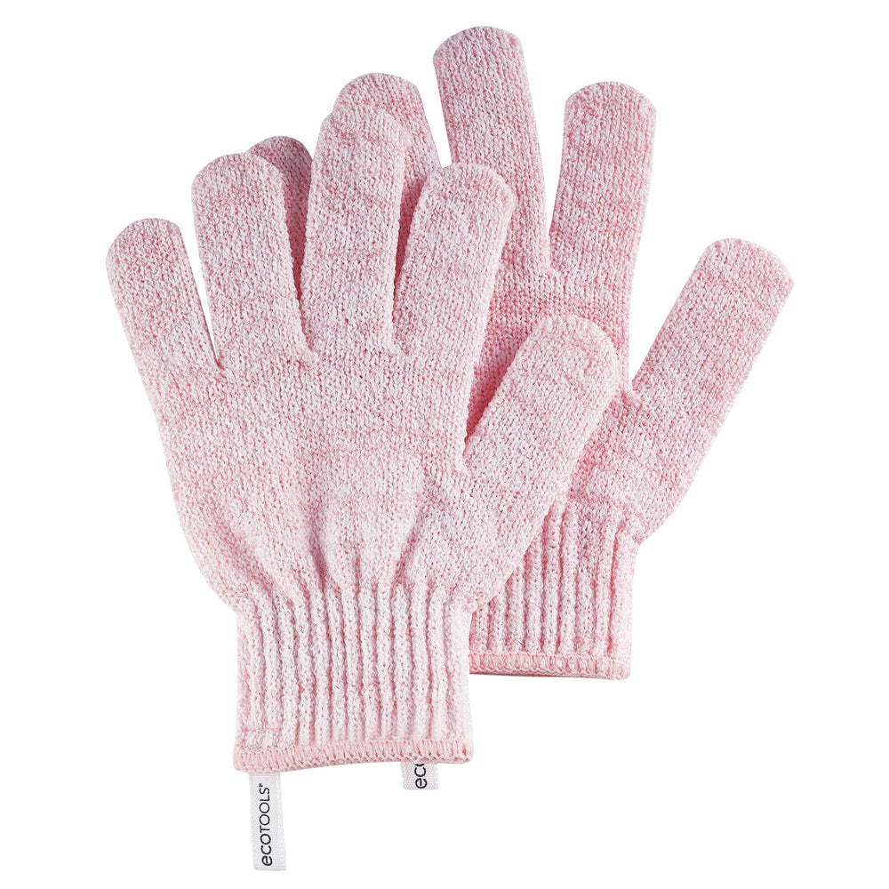 Pink exfoliating bath shower glove with elastic cuff and textured finger surface