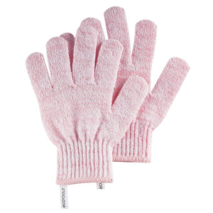 Pink exfoliating bath shower glove with elastic cuff and textured finger surface