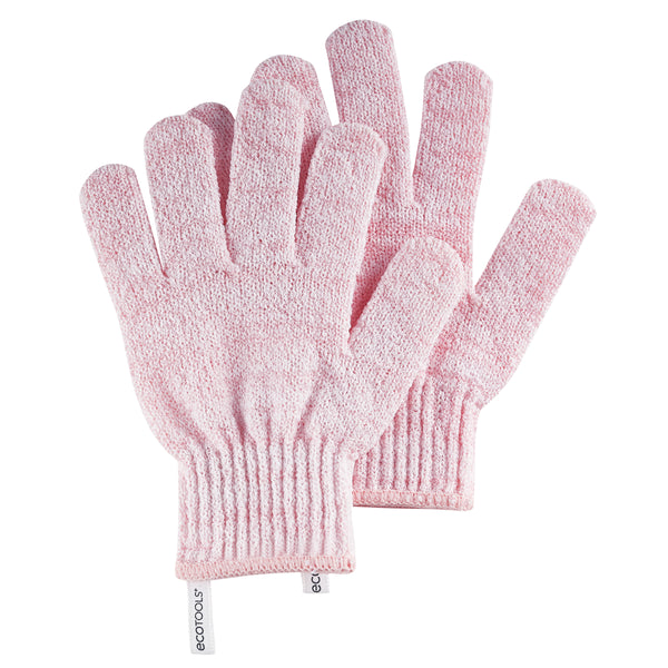 Pink exfoliating bath shower glove with elastic cuff and textured finger surface