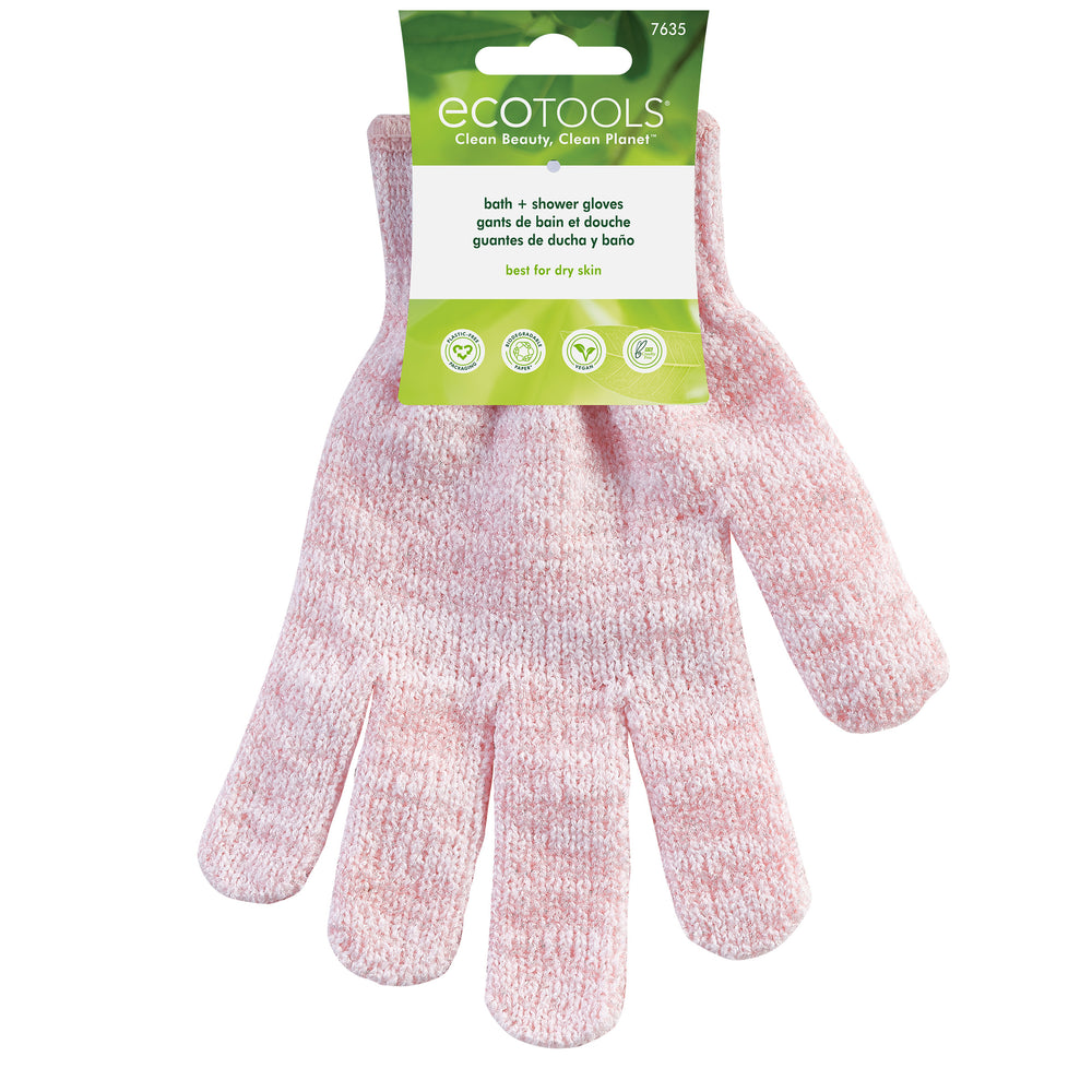 Pink exfoliating bath shower glove with elastic cuff and textured finger surface