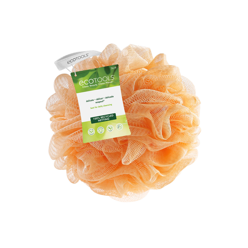Peach recycled EcoPouf scrub pouch with netted rose texture and EcoTools tag