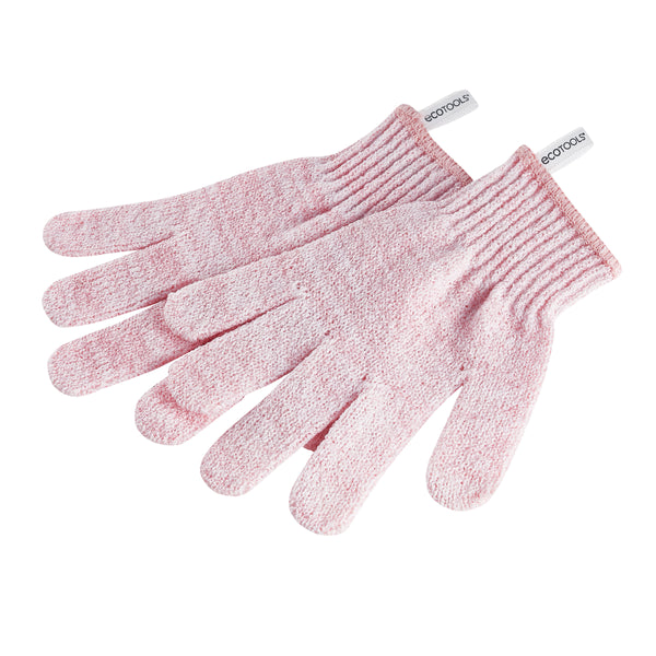 Pink exfoliating bath shower glove pair, ribbed cuff, textured knit finish